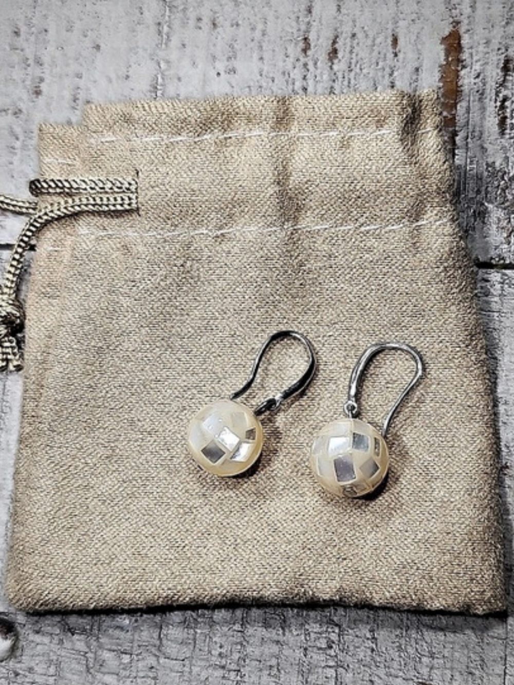 JTV Vintage DK 925 Sterling Silver Mosaic Mother of Pearl Ball Dangle Earrings